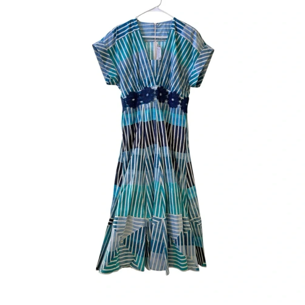 🆕 SILVIA TCHERASSI Adila Striped Midi Dress Infinity Blue Sz L - Picture 2 of 9